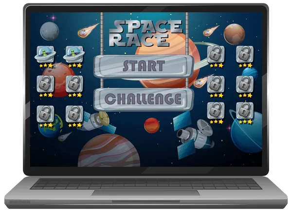 手提电脑屏幕上的空间竞赛任务游戏说明 — 图库矢量图片