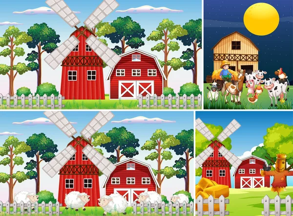 Conjunto Diferentes Escenas Granja Con Ilustración Estilo Dibujos Animados Granja — Vector de stock