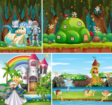 Fantezi dünyasının dört farklı sahnesi. Ejderhalar, periler, prensesler ve şövalyeler gibi fantezi karakterleri var.