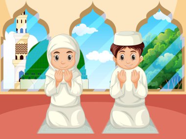 Arap Müslüman erkek ve kız cami arka planında geleneksel giysiler içinde dua ediyorlar.