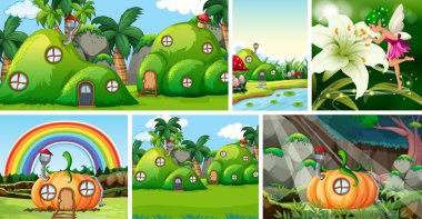 Fantezi dünyasının altı farklı sahnesi ve çiçek resimli peri gibi fantezi karakterleri.