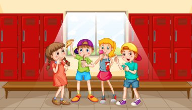 Soyunma odası çiziminde bir grup çocuk