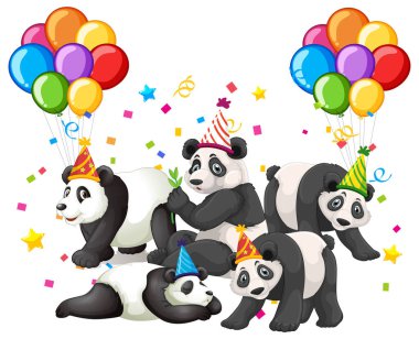 Parti temalı çizgi film karakterindeki panda grubu orman arkaplanı çizimi üzerine