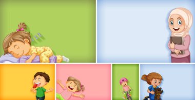 Farklı arkaplan resimlerinde farklı çocuk karakterleri kümesi