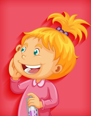 Kırmızı arkaplanda izole edilmiş tatlı küçük kız gülüşlü çizgi film karakteri.