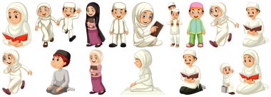 Set of different muslim people cartoon character isolated on white background illustration clipart