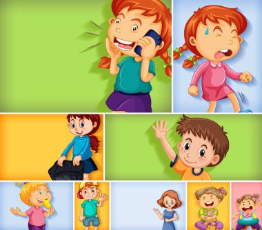 Farklı arkaplan resimlerinde farklı çocuk karakterleri kümesi