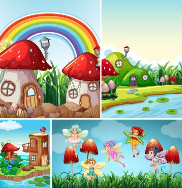 Fantezi dünyasının dört farklı sahnesi. Periler ve mantar köyü çizimleri gibi fantezi karakterleri.
