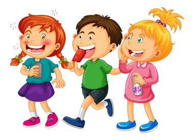 Beyaz arkaplan çiziminde bir grup çocuk çizgi film karakteri