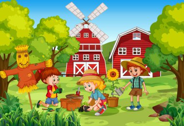 Çocuklar kırsal bölge illüstrasyonunda ekim yapıyorlar.