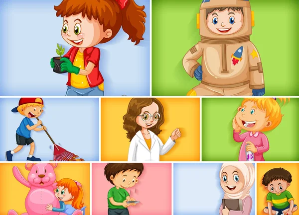 Conjunto Diferentes Personajes Infantiles Diferentes Ilustraciones Fondo Color — Vector de stock