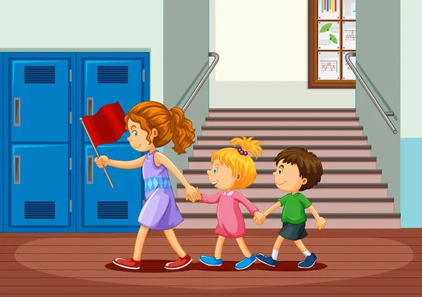 Ευτυχισμένα Παιδιά Στο Σχολείο Εικονογράφηση Διάδρομο — Διανυσματικό Αρχείο