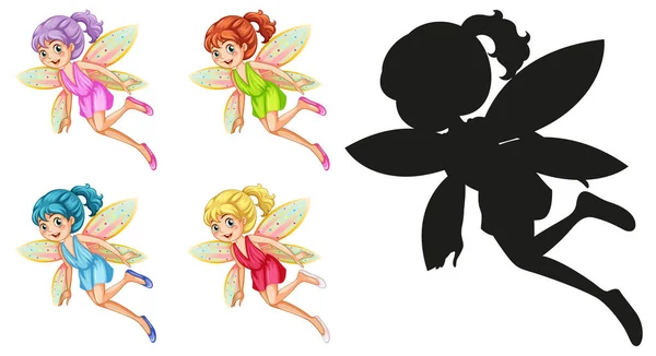 Set Fairy Characters Its Silhouette White Background Illustration — Stock Vector