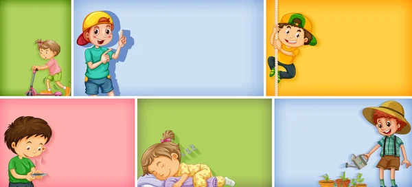 Set Diversi Personaggi Bambini Diverse Illustrazioni Sfondo Colori — Vettoriale Stock