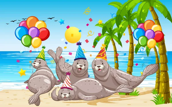 Seal Skupina Party Téma Kreslený Znak Pláži Pozadí Ilustrace — Stockový vektor