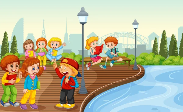 Kinderen Ontmoeten Vriend Het Park Scene Illustratie — Stockvector