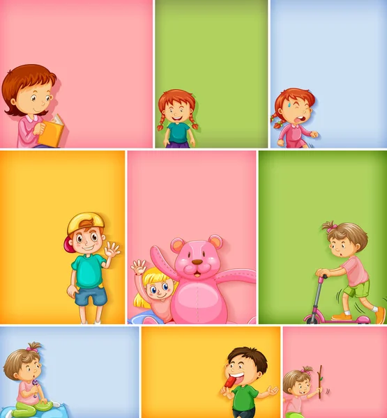 Set Diversi Personaggi Bambini Diverse Illustrazioni Sfondo Colori — Vettoriale Stock