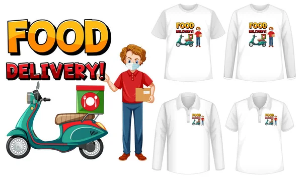 Set Van Verschillende Soorten Shirts Met Voedsel Levering Logo Scherm — Stockvector