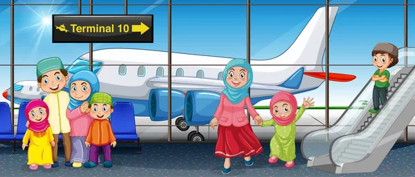Мусульманская Семья Иллюстрации Аэропорта — стоковый вектор