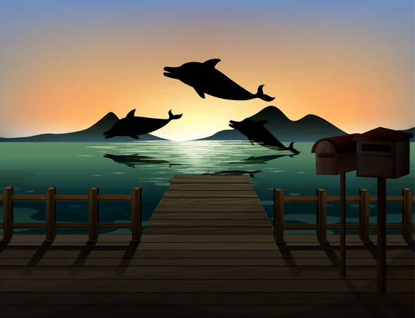 Дельфін Природі Сцена Силует Ілюстрація — стоковий вектор