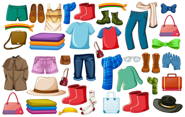 Set of fashion outfits and accessories on white background illustration