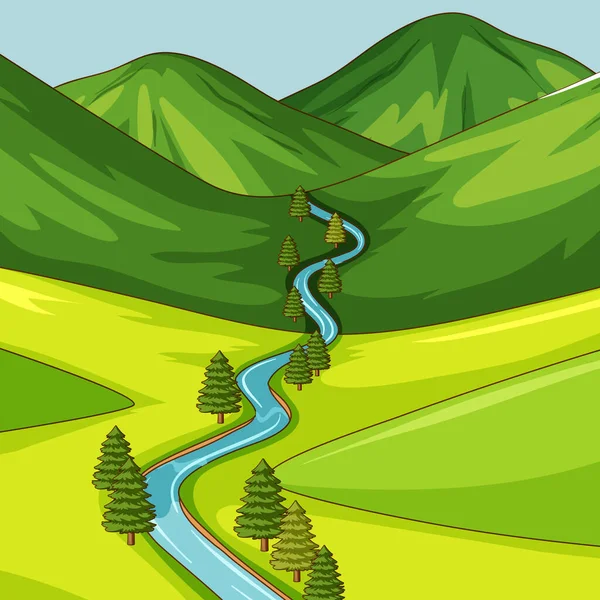 Lege Groene Natuur Scene Met Lange Rivier Illustratie — Stockvector