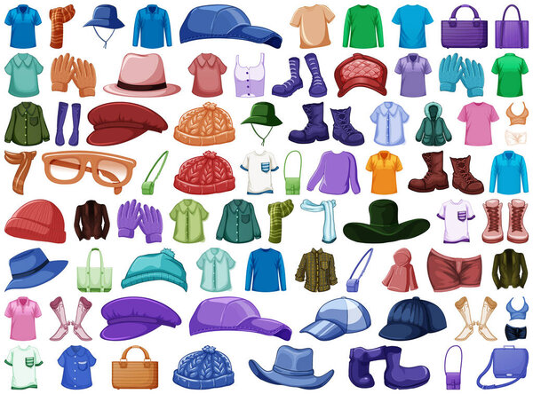 Set of fashion outfits and accessories on white background illustration