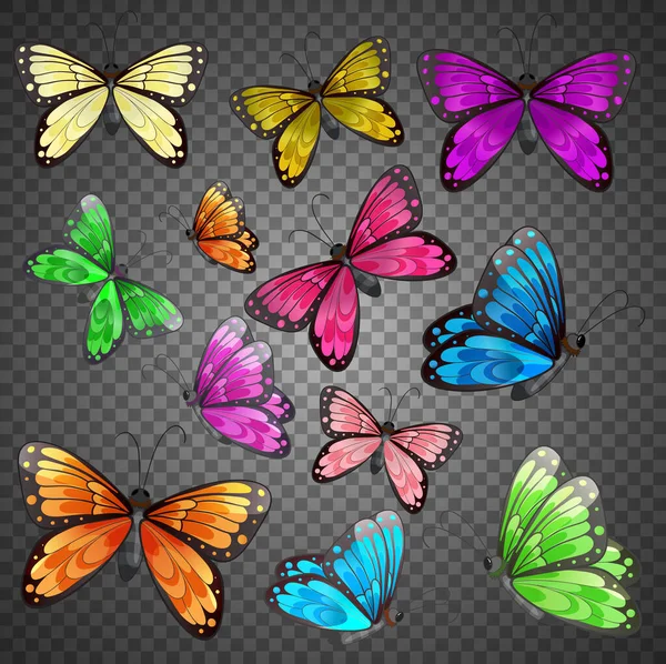 Set Von Verschiedenen Farben Schmetterling Auf Transparentem Hintergrund Illustration — Stockvektor