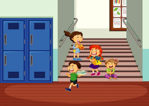 Ευτυχισμένα Παιδιά Στο Σχολείο Εικονογράφηση Διάδρομο — Διανυσματικό Αρχείο