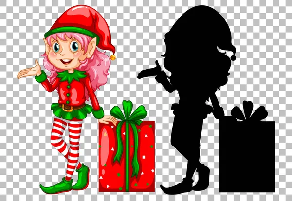 Leuke Elf Naast Cadeau Doos Illustratie — Stockvector