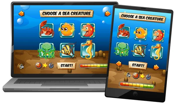 Υποβρύχια Ζώα Θάλασσα Παιχνίδι Διαφορετικές Οθόνες Ηλεκτρονικών Gadget Εικόνα — Διανυσματικό Αρχείο