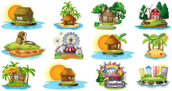 Набір Різних Бангалоу Острівний Пляж Тема Парк Розваг Ізольовані Білому — стоковий вектор