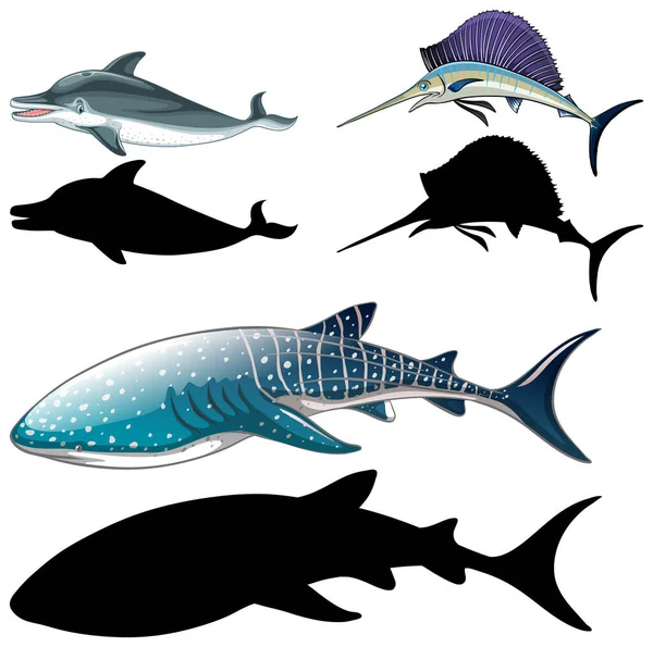 Σύνολο Χαρακτήρων Ψαριών Και Σιλουέτα Του Λευκό Φόντο Εικονογράφηση — Διανυσματικό Αρχείο