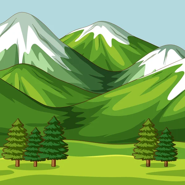 大きな山のイラストと空の緑の自然シーン — ストックベクタ