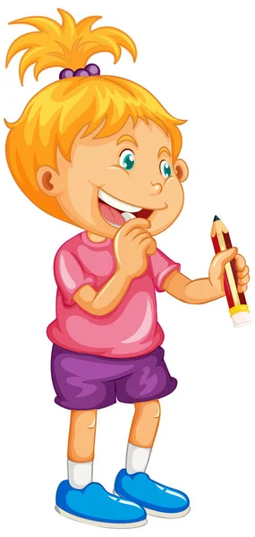 Happy Girl Holding Pencil Illustration — Stock Vector