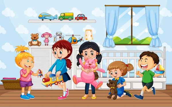 Children Playing Toys Home Scene Illustration — Stock Vector