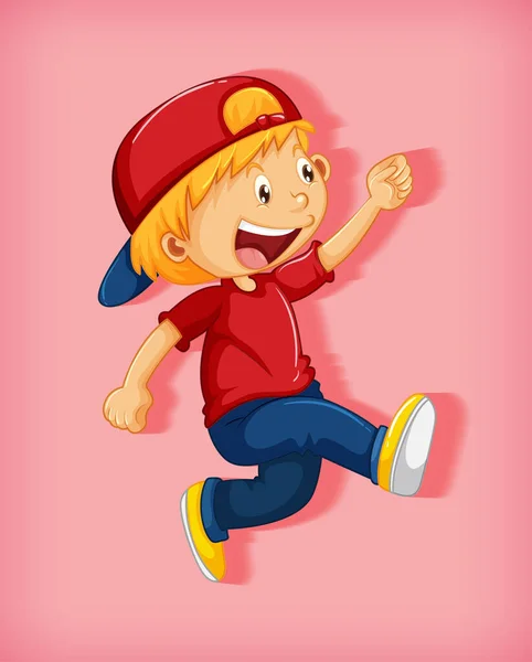 Cute Boy Wearing Red Cap Stranglehold Walking Position Cartoon Character — Stock Vector