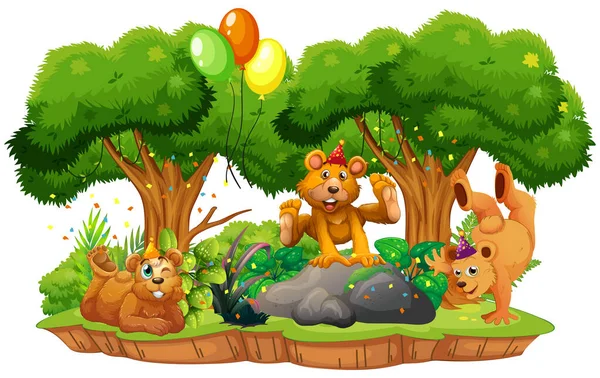Wiele Niedźwiedzi Tematyce Party Lesie Przyrody Tło Odizolowane Ilustracja — Wektor stockowy