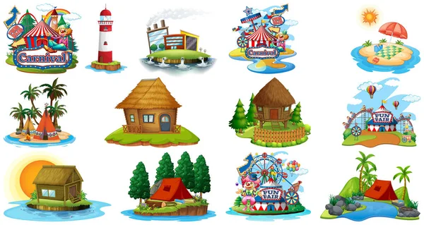 Set Különböző Bangalow Sziget Strand Téma Vidámpark Elszigetelt Fehér Háttér — Stock Vector