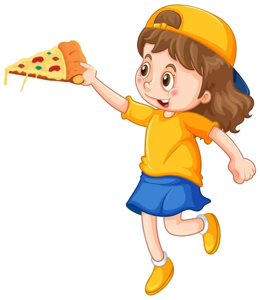 Ragazza Felice Che Tiene Una Fetta Pizza Illustrazione — Vettoriale Stock