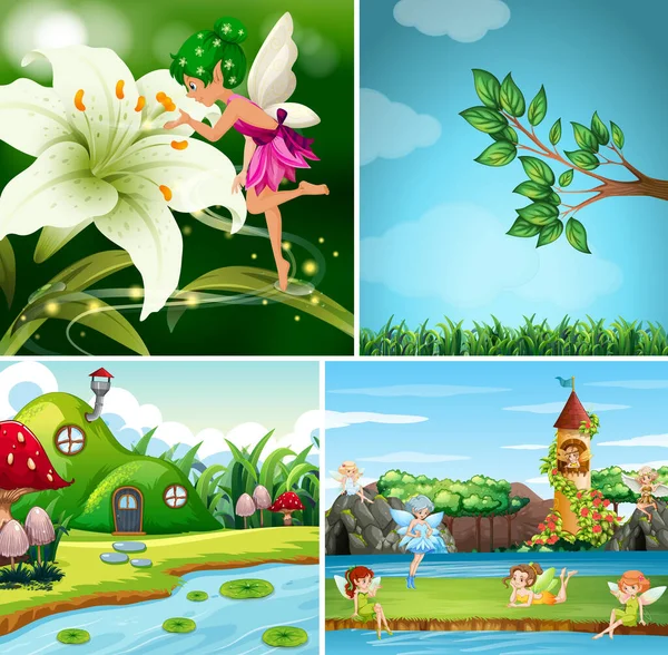 Four Different Scene Fantasy World Fairies Fairy Tale Illustration — Stock Vector