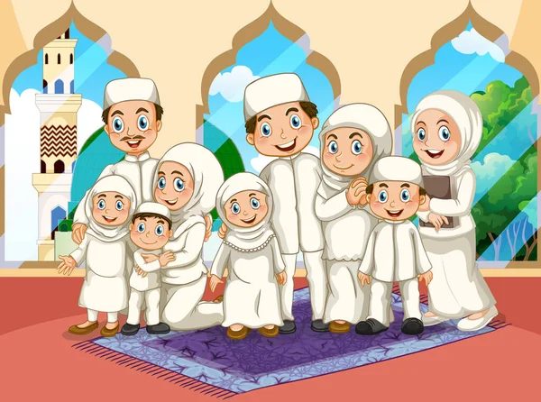 Árabe Muçulmano Grande Família Rezando Roupas Tradicionais Mesquita Fundo Ilustração —  Vetores de Stock