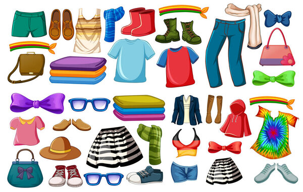 Set of fashion outfits and accessories on white background illustration