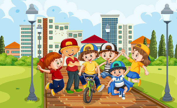 Children Group Park Scene Illustration — Stock Vector