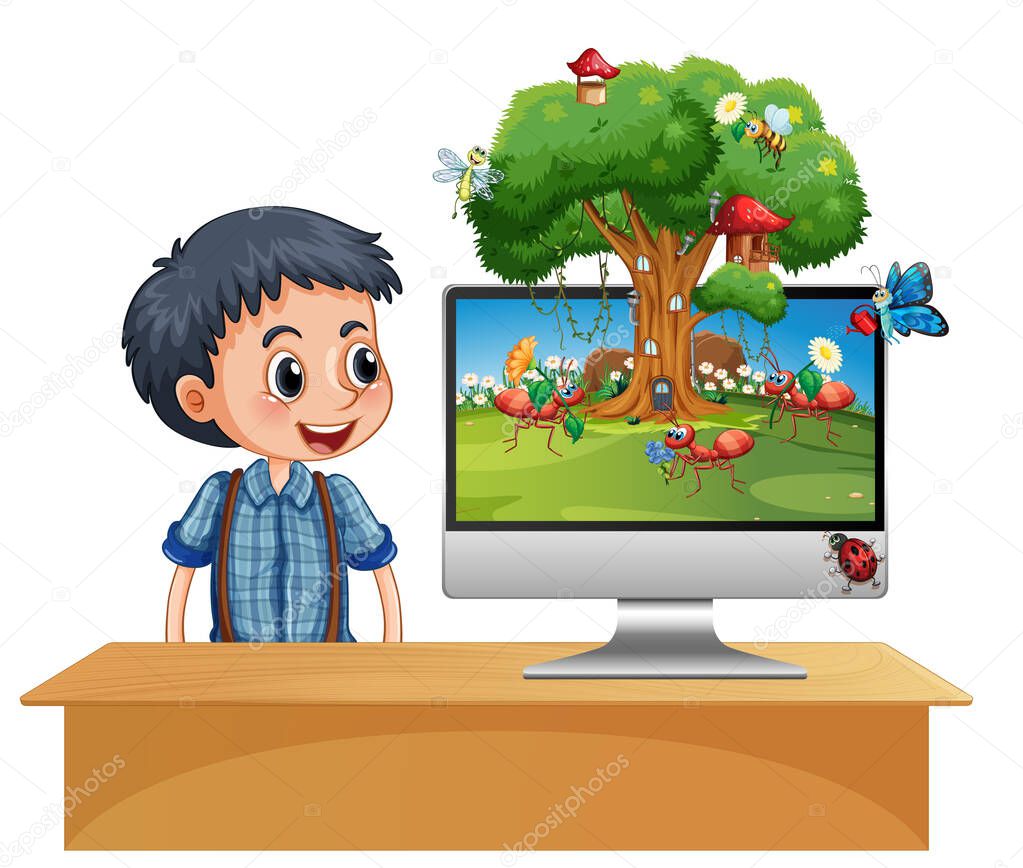 Insect kingdom on computer screen background illustration