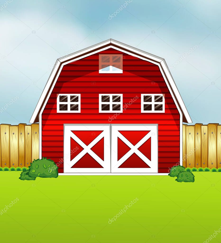 Red barn cartoon style on green and sky background illustration