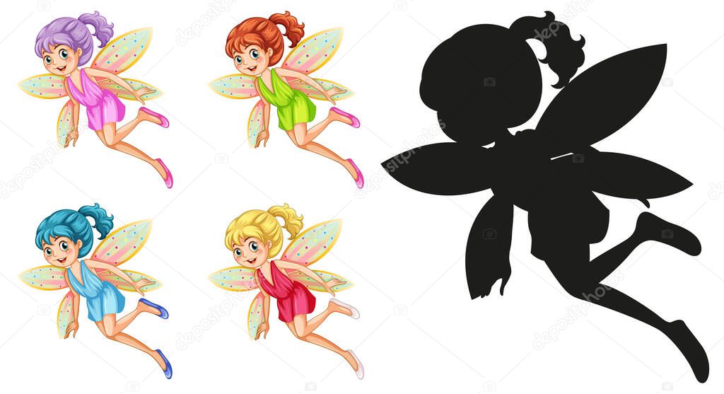 Set of fairy characters and its silhouette on white background illustration