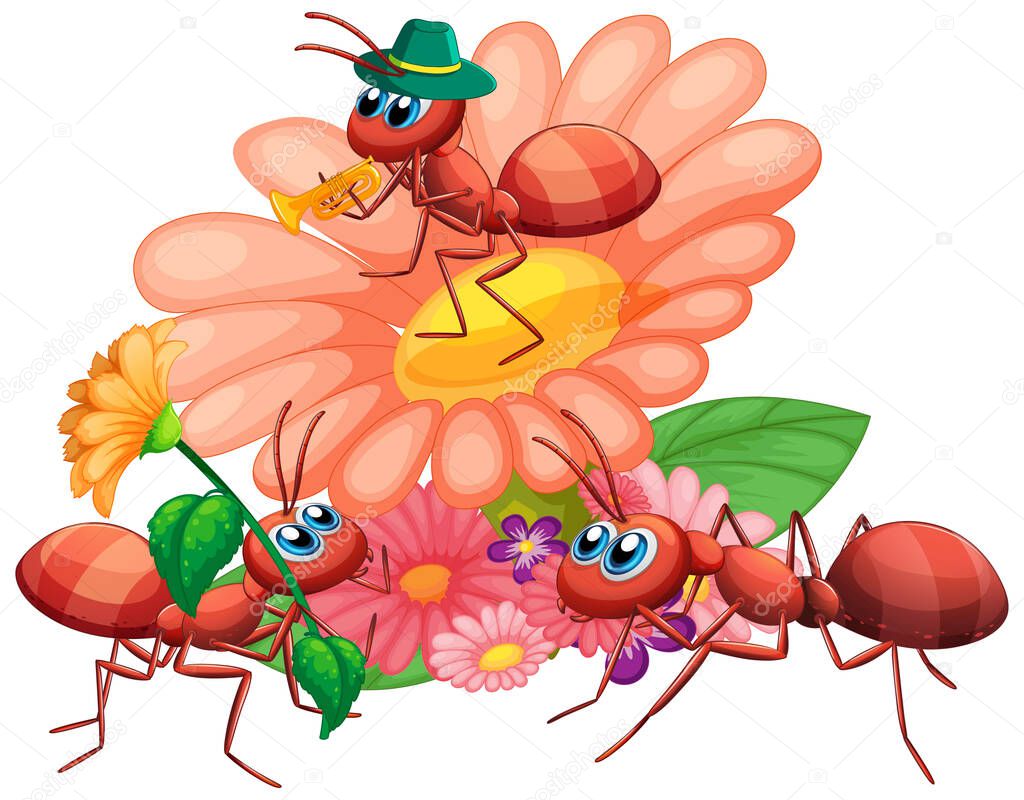 Group of ants and flowers illustration
