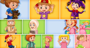 Farklı arkaplan resimlerinde farklı çocuk karakterleri kümesi