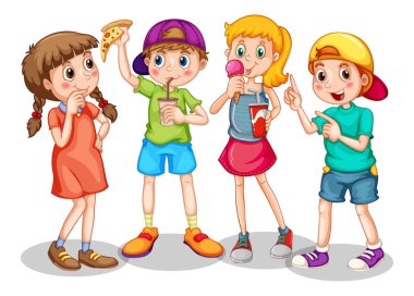 Beyaz arkaplan çiziminde bir grup çocuk çizgi film karakteri